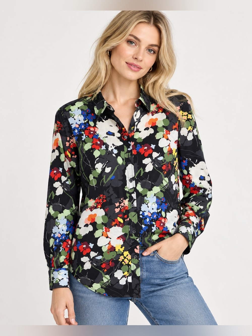Banana Republic Dillon Floral Button Down Shirt XS Black Multicolor